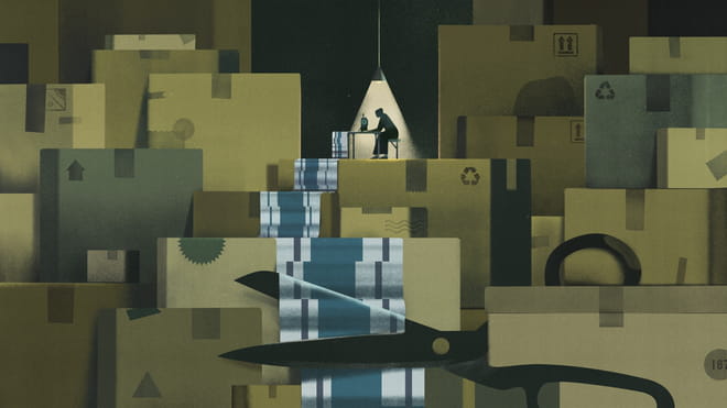 Illustration of khaki green boxes layered against each other, with giant black scissors open between them to the bottom half of the image. Central, at the top, a lampshade illuminates a dark figure leaning across a table and presumably sewing, in a triangle of light