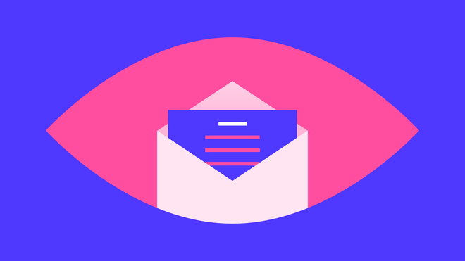 Pink eye-shape against a purple background, with an open white envelope in its centre-middle, and a purple paper rising out of it as if it were the pupil of the eye. The paper has three pink straight lines and one smaller white line at the top. 
